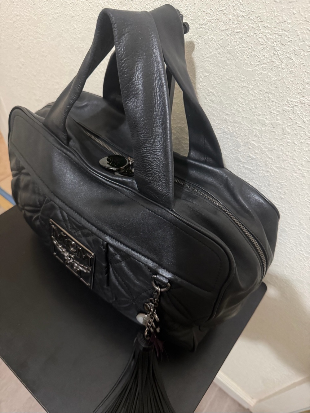MCM Black Quilted Leather Tote with Tassel Charm - Picture 3 of 7